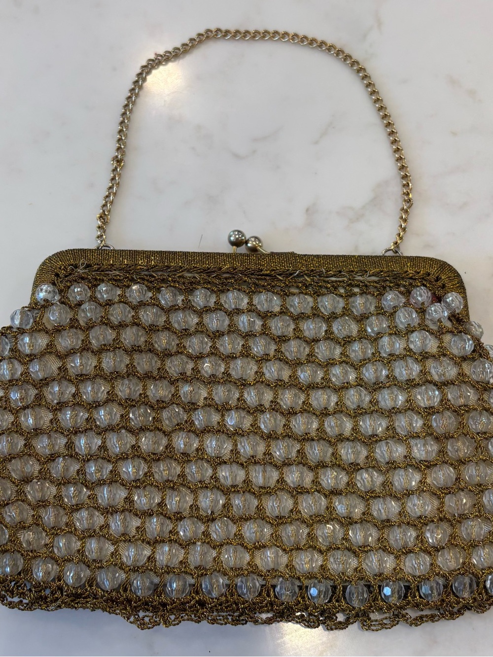 Vintage Gold Beaded Evening purse with Clear Crystal Accents early 1900s